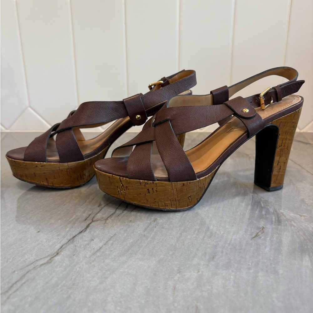 Vero Cuoio for Barney’s New York Brown Leather Platform Slingback Heels